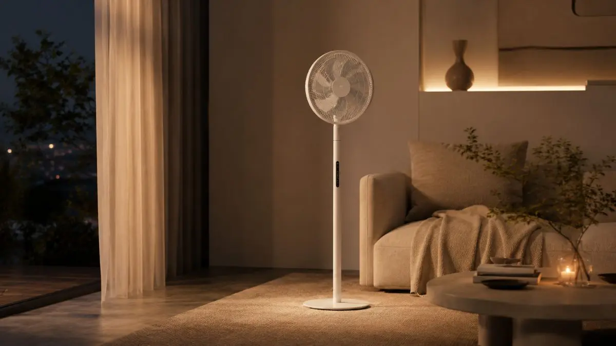 Ventilador de p&eacute; branco numa sala de estar acolhedora &agrave; noite, ao lado do sof&aacute; e da mesa