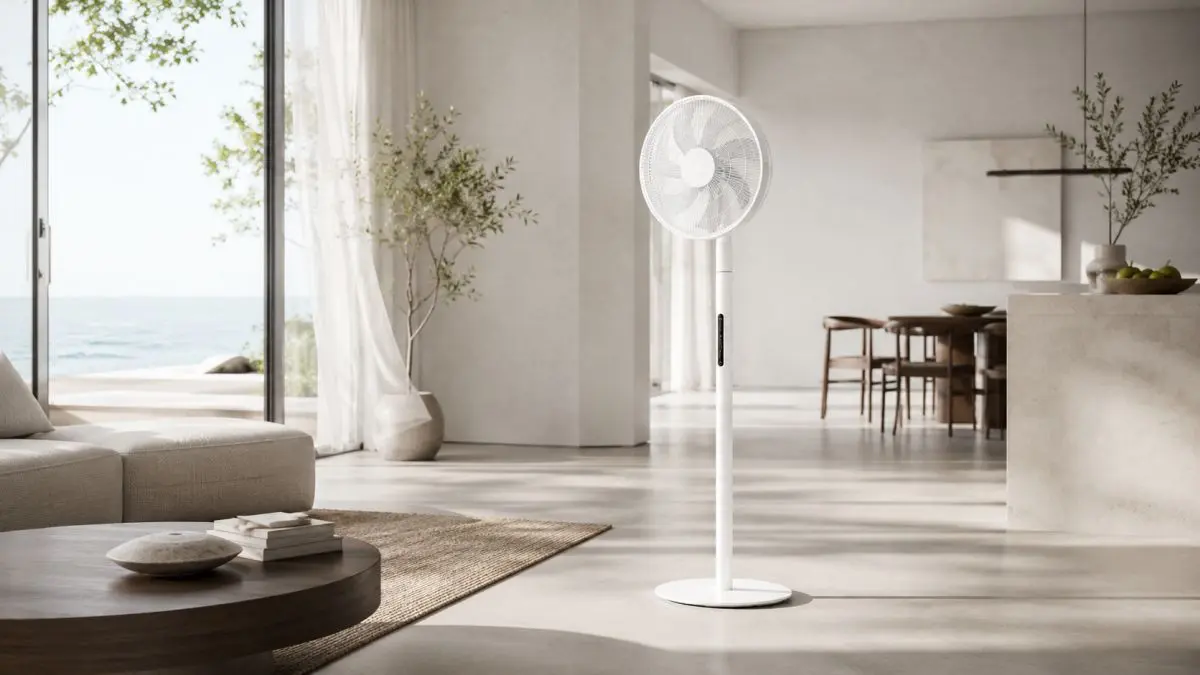 Ventilador de p&eacute; branco numa sala de estar espa&ccedil;osa ligada &agrave; sala de jantar
