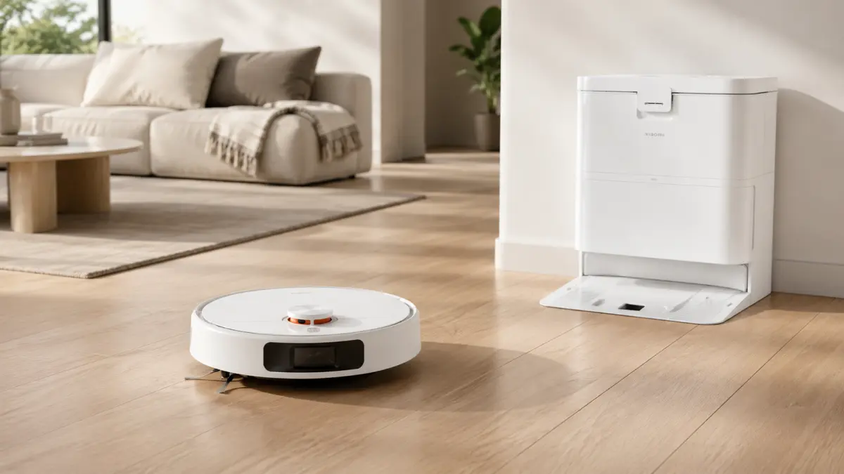 Robot sprzątający Xiaomi H50 w salonie przy stacji dokującej