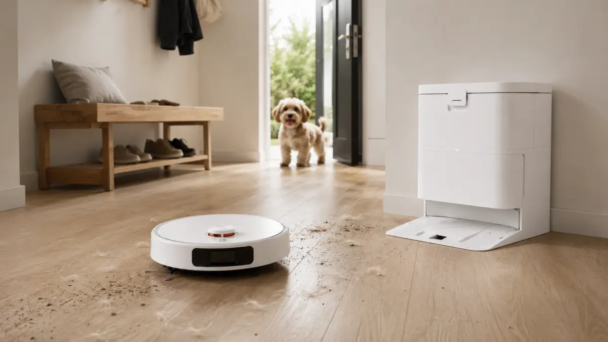 Robot sprzątający Xiaomi H50 w przedpokoju przy stacji dokującej