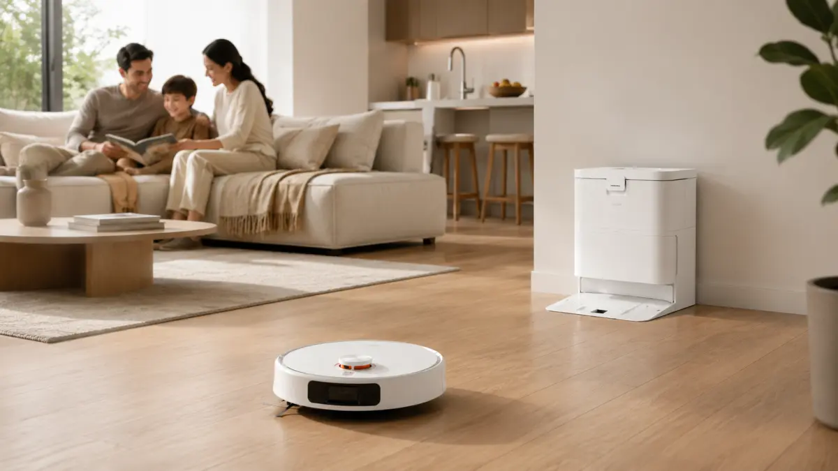 Robot sprzątający Xiaomi H50 w salonie z rodziną na kanapie