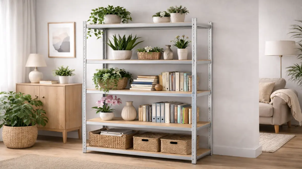Regał w pokoju z roślinami doniczkowymi, książkami i pudełkami na p&oacute;łkach. Wymiary regału: wysokość 220 cm, szerokość 90 cm, głębokość 40 cm.