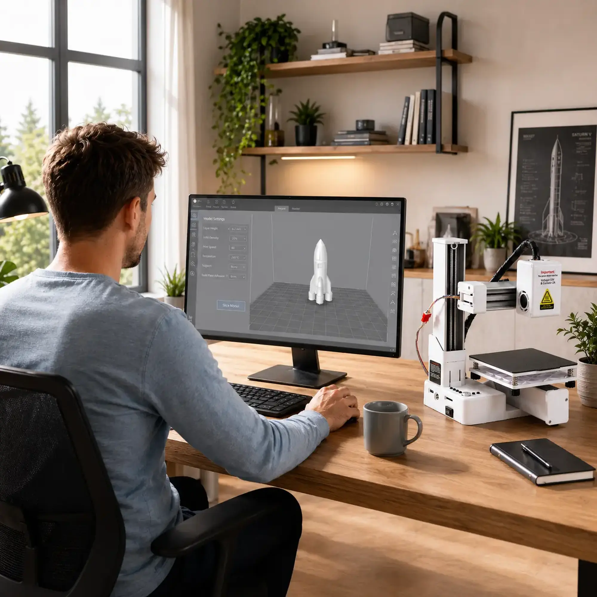 A man designs a rocket model on a computer next to a compact 3D printer on a desk.