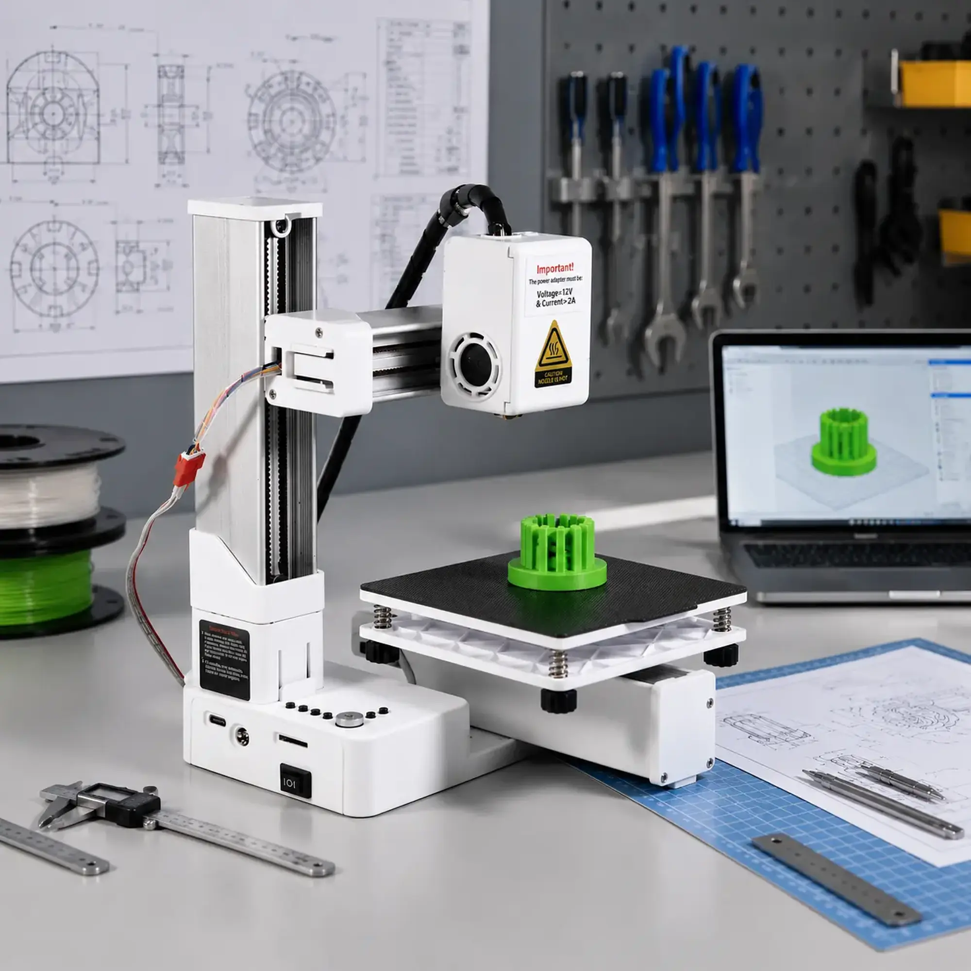 A compact 3D printer prints a green part in a workshop with a laptop and tools.