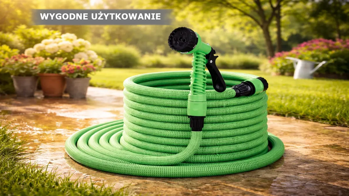 Zwinięty zielony wąż ogrodowy z pistoletem zraszającym leży na mokrym tarasie w ogrodzie.