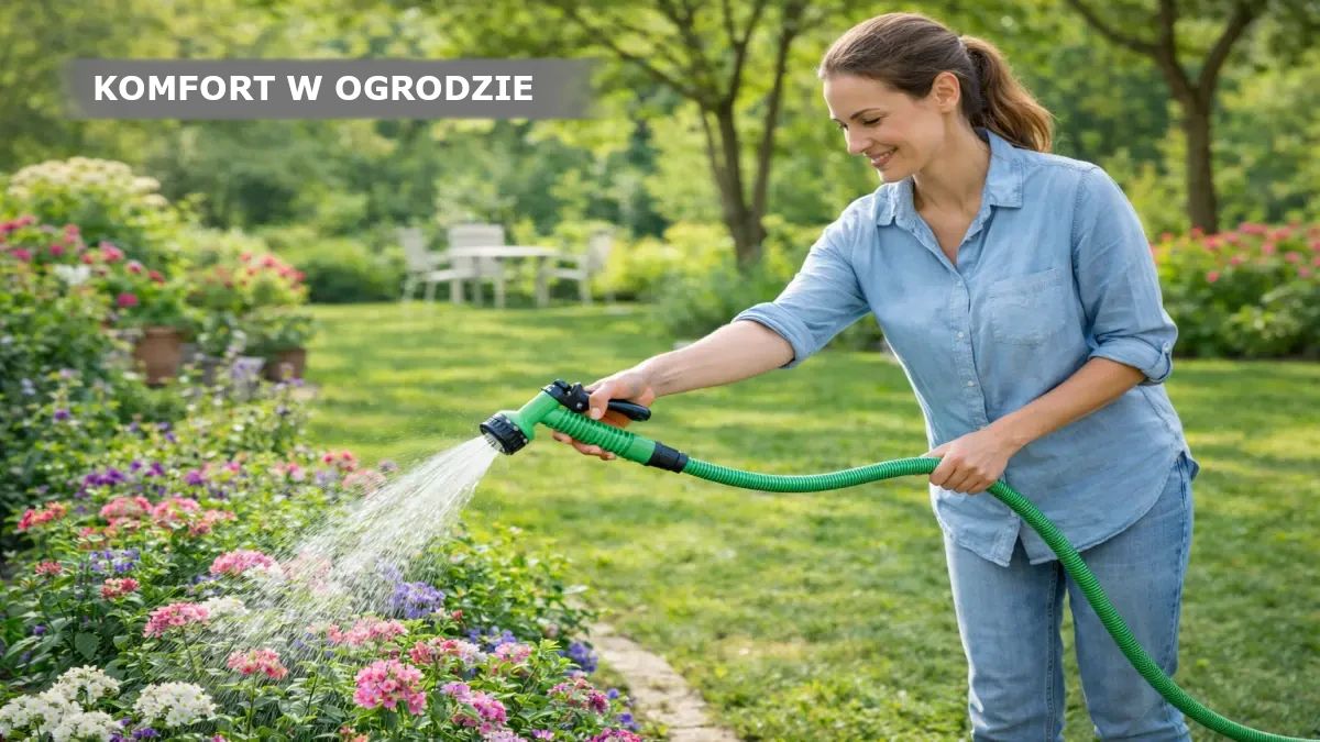 Kobieta podlewa kwiaty w ogrodzie zielonym wężem z pistoletem zraszającym.