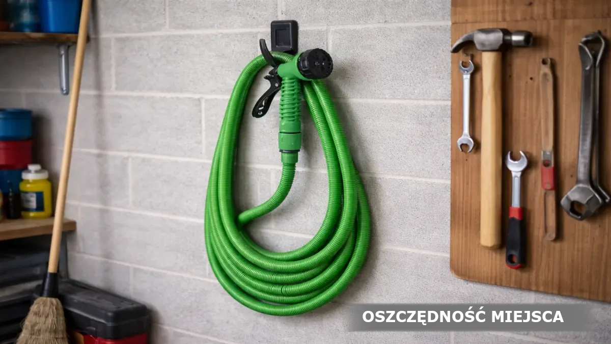 Zielony wąż ogrodowy zawieszony na ścianie garażu obok wiszących narzędzi.