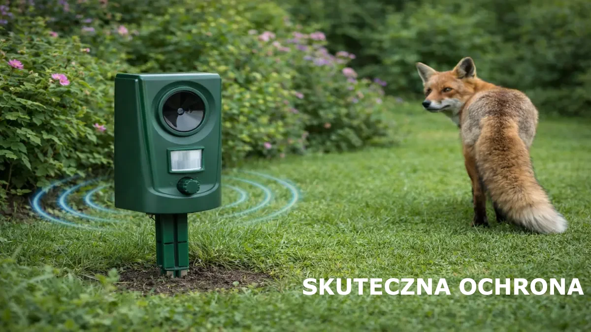 Zielony odstraszacz ogrodowy na trawie obok lisa przy krzewach