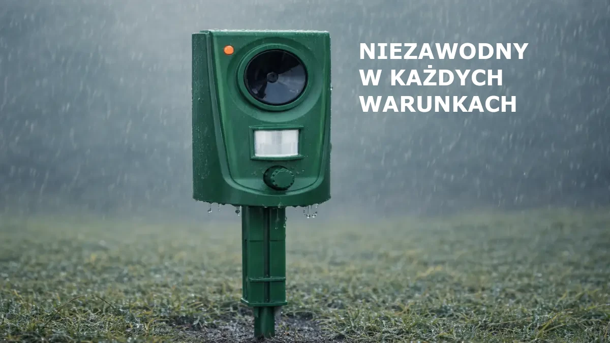 Zielony odstraszacz ogrodowy wbity w ziemię podczas intensywnego deszczu