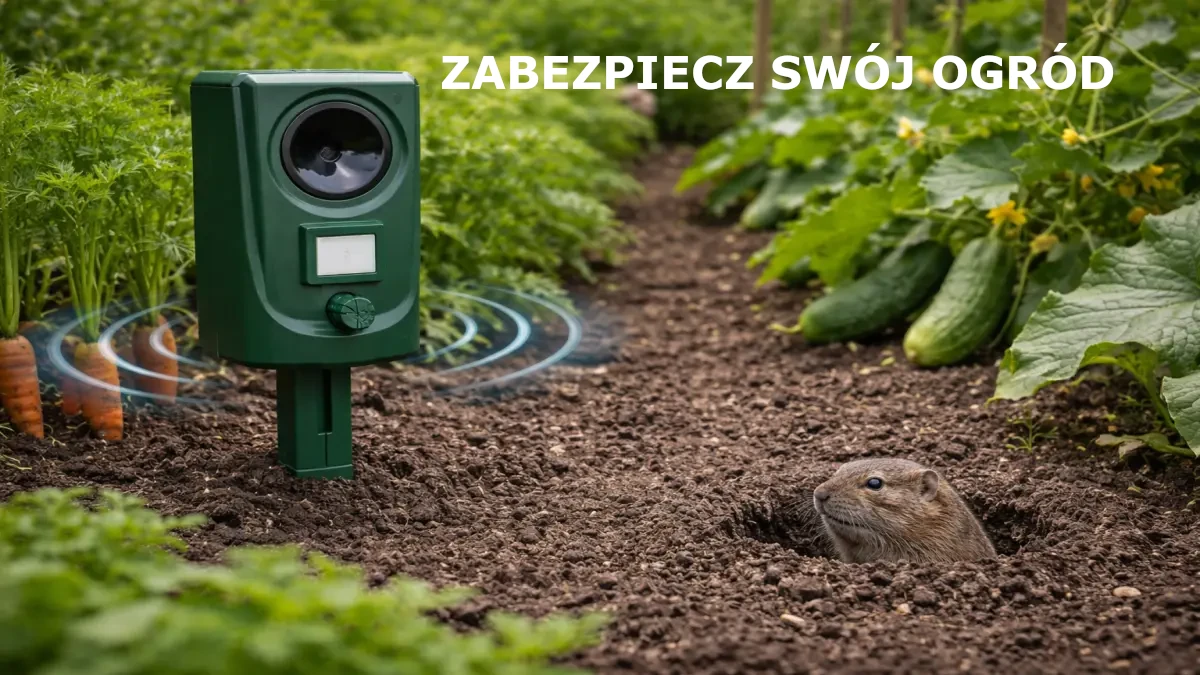 Zielony odstraszacz w grządce warzywnej obok małego gryzonia wychylającego się z nory