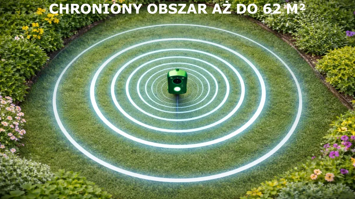 Odstraszacz ogrodowy ustawiony na trawniku z zaznaczonym koncentrycznym zasięgiem działania