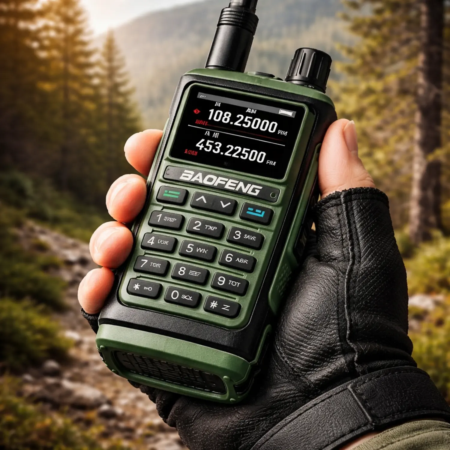 Krótkofalówka Baofeng UV-17E trzymana w ręce z wyświetlaczem LCD pokazującym różne częstotliwości