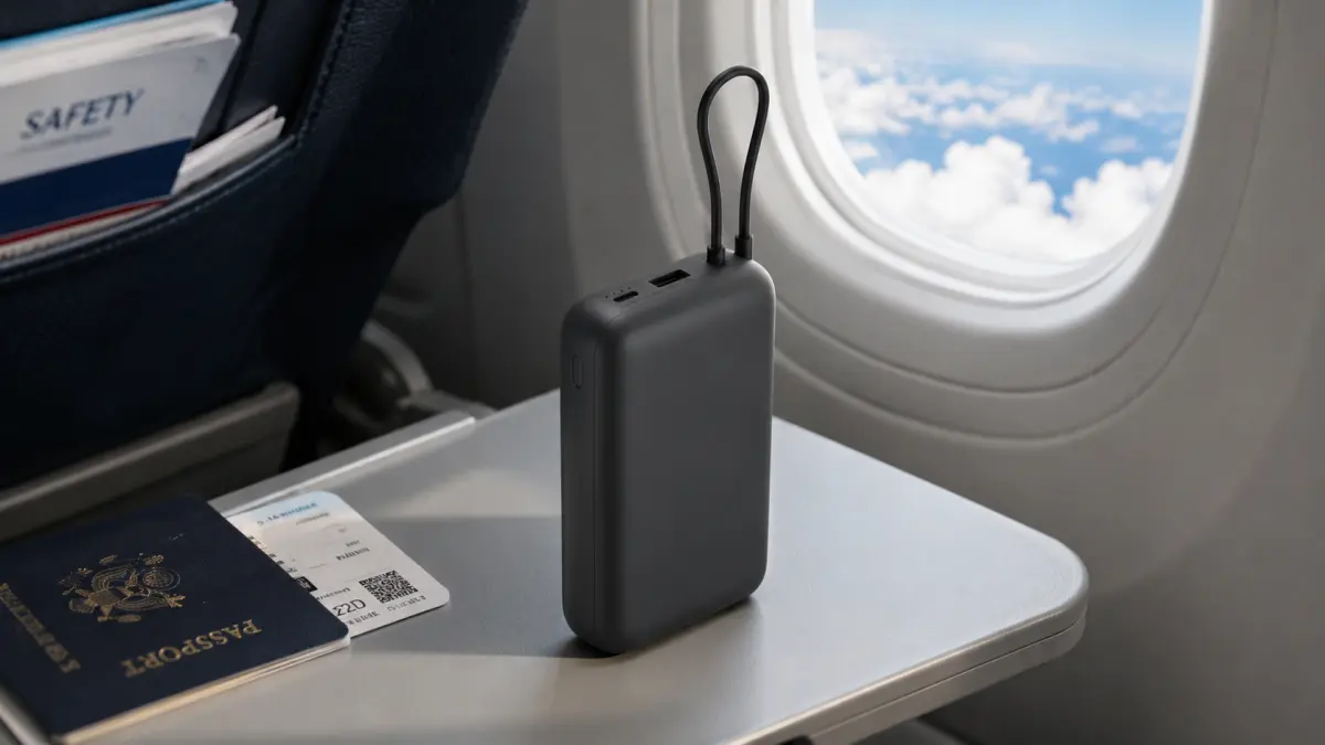 Černý powerbank na stolku v letadle, vedle pasu a palubní vstupenky.