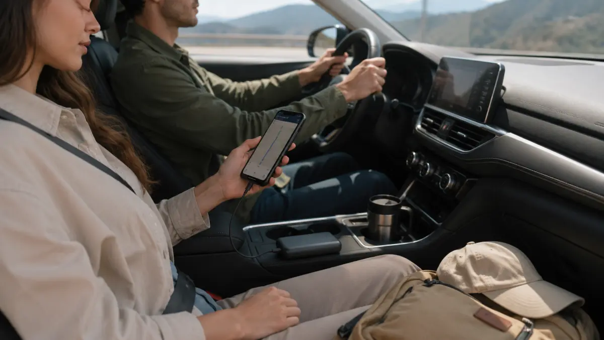 Cestující žena nabíjí smartphone z powerbanku během jízdy autem.