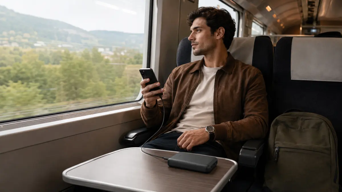 Muž ve vlaku nabíjí telefon z powerbanku ležícího na stolku.