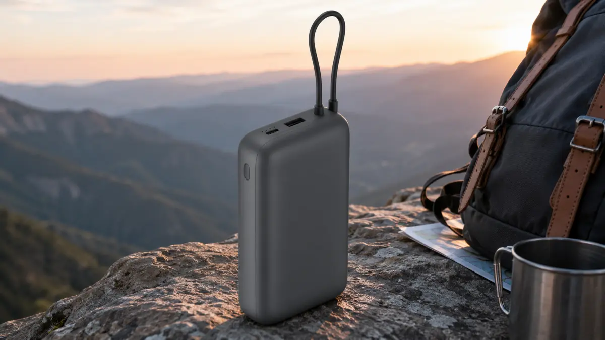 Černý powerbank na skále vedle batohu a kovového hrnku, na pozadí hor při západu slunce.