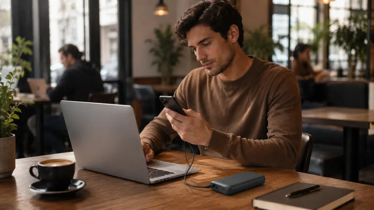 Muž v kavárně používá telefon připojený k powerbanku vedle notebooku.