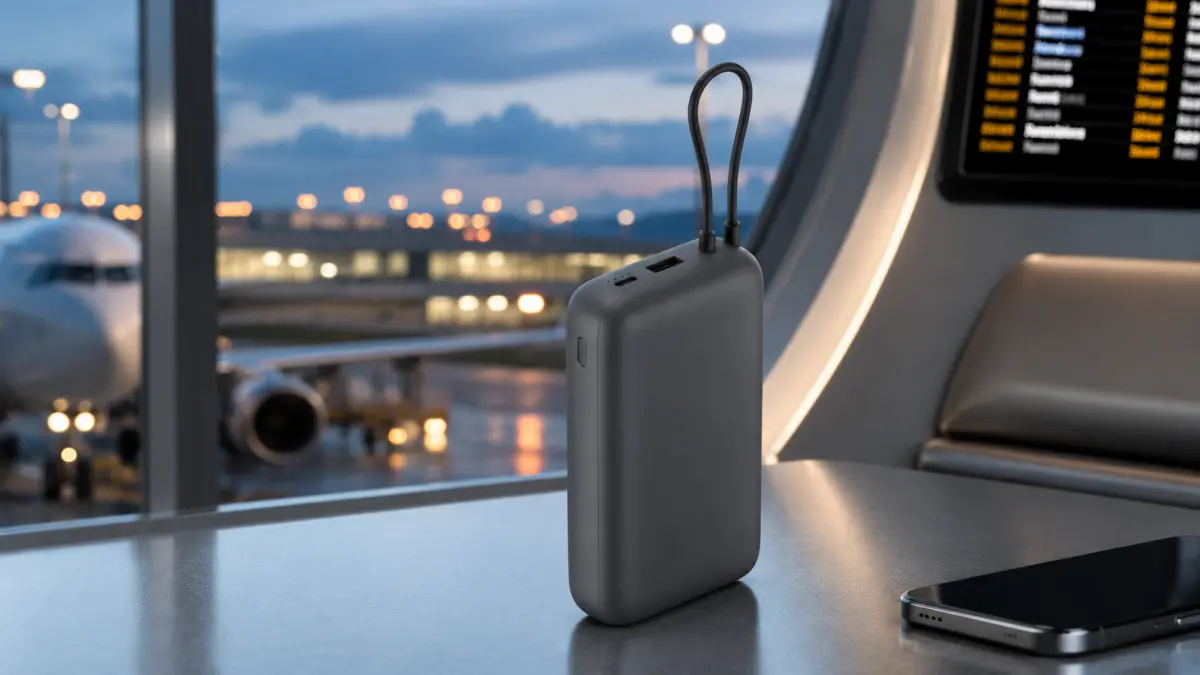 Černý powerbank na stolku v letištní hale, vedle smartphonu a letadla za oknem.