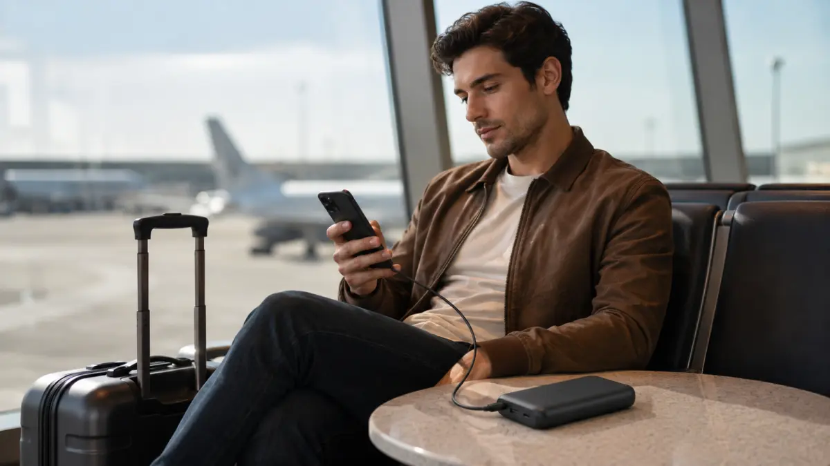 Muž na letišti nabíjí smartphone z powerbanku ležícího na stolku vedle kufru.