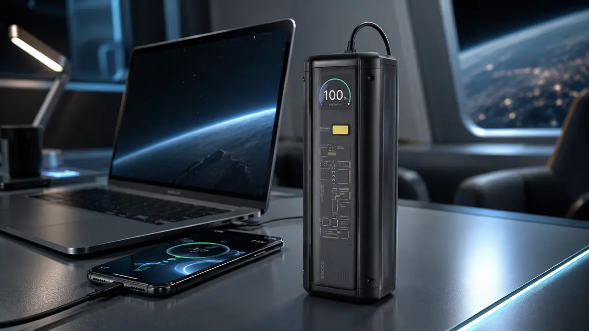 Czarny przenośny powerbank stojący na biurku obok laptopa i telefonu ładującego się przewodem