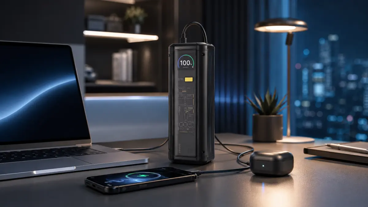 Czarny powerbank z wyświetlaczem stanu baterii podłączony do telefonu w nowoczesnym biurze