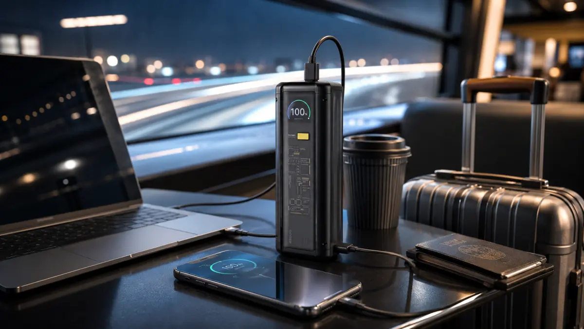 Powerbank na stole obok laptopa i telefonu, w tle walizka i kubek w podróży