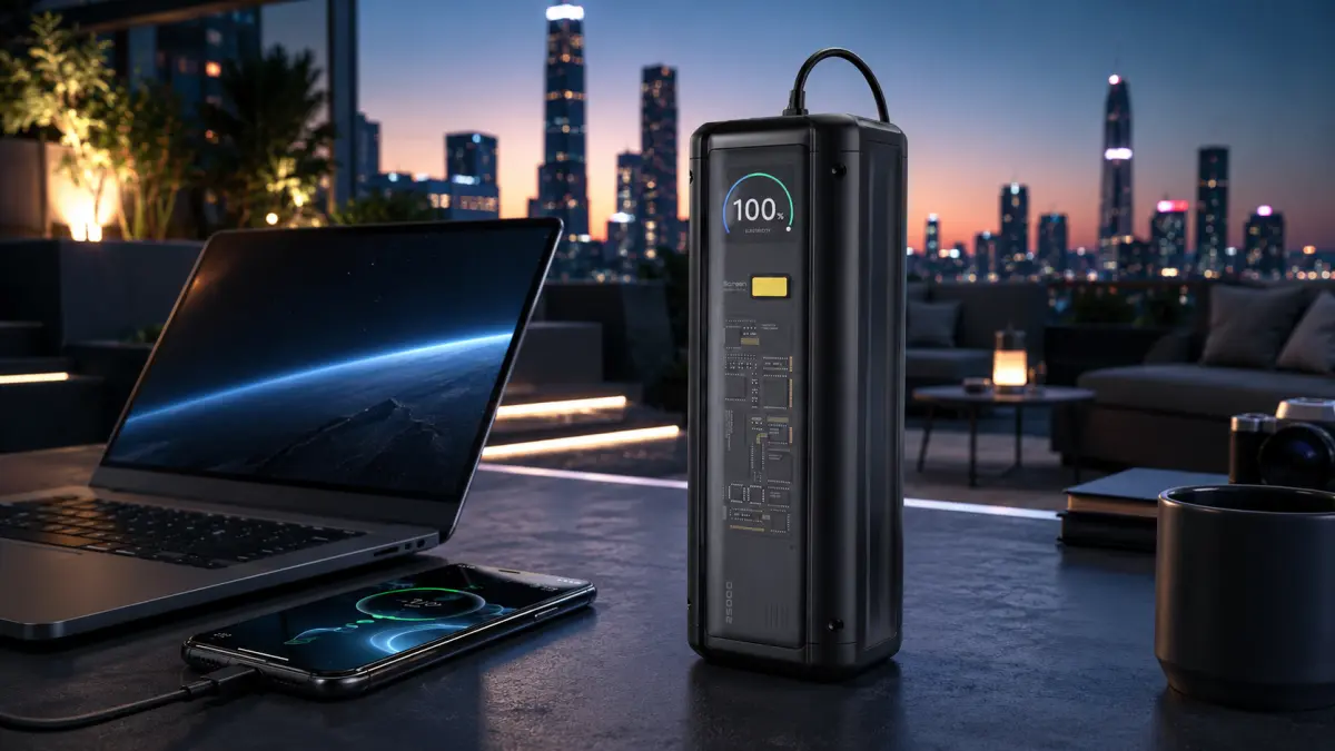 Czarny powerbank w sypialni podłączony do telefonu i smartwatcha na stoliku nocnym