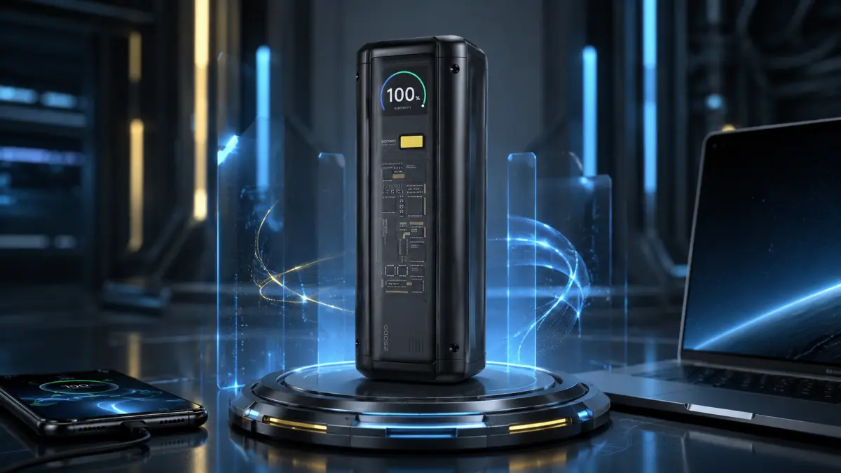 Powerbank w futurystycznym wnętrzu z niebieskim podświetleniem i efektami energii