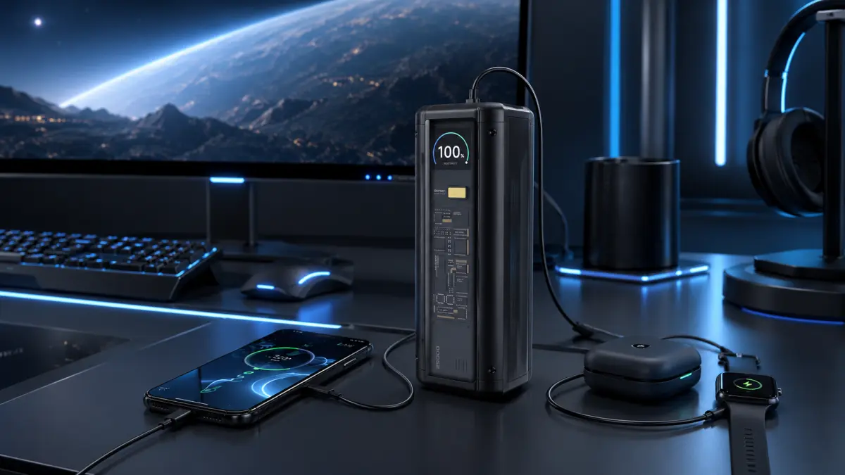 Powerbank w torbie podróżnej obok telefonu i słuchawek w eleganckim wnętrzu