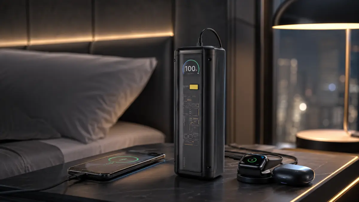 Powerbank w nowoczesnej sypialni z telefonem i zegarkiem inteligentnym na stoliku