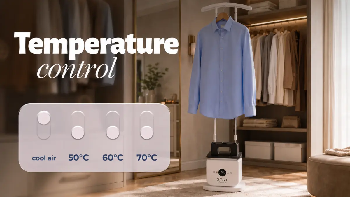 Stay Beauty ironing mannequin with temperature control and a hanging shirt