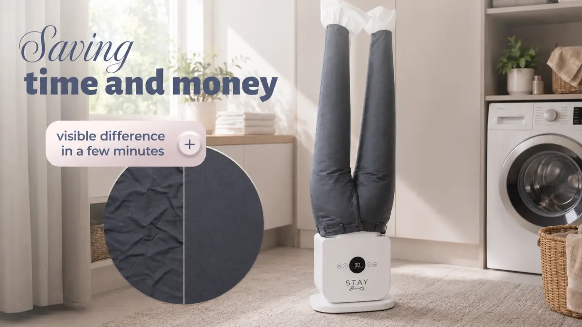 Stay Beauty trouser drying mannequin with a comparison of fabric before and after smoothing
