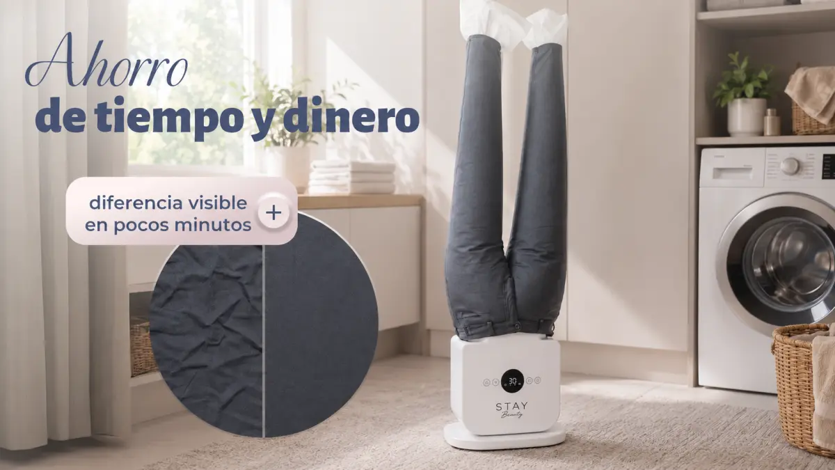 Maniquí para secar pantalones Stay Beauty con comparación del tejido antes y después del alisado