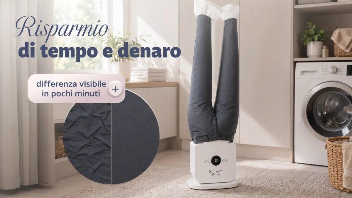 Manichino per asciugare i pantaloni Stay Beauty con confronto del tessuto prima e dopo la distensione