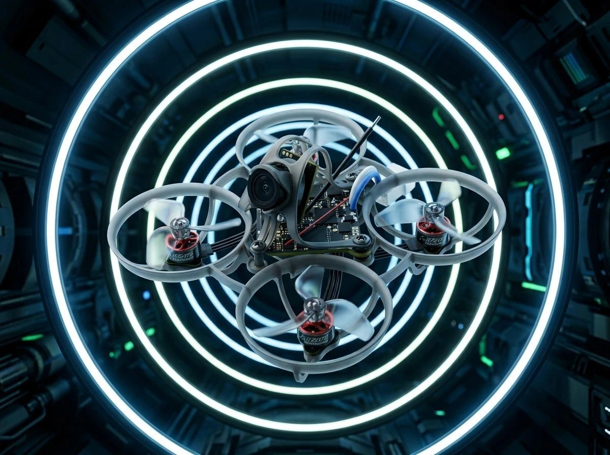Dron tipo whoop en el centro de anillos redondos iluminados en un interior futurista