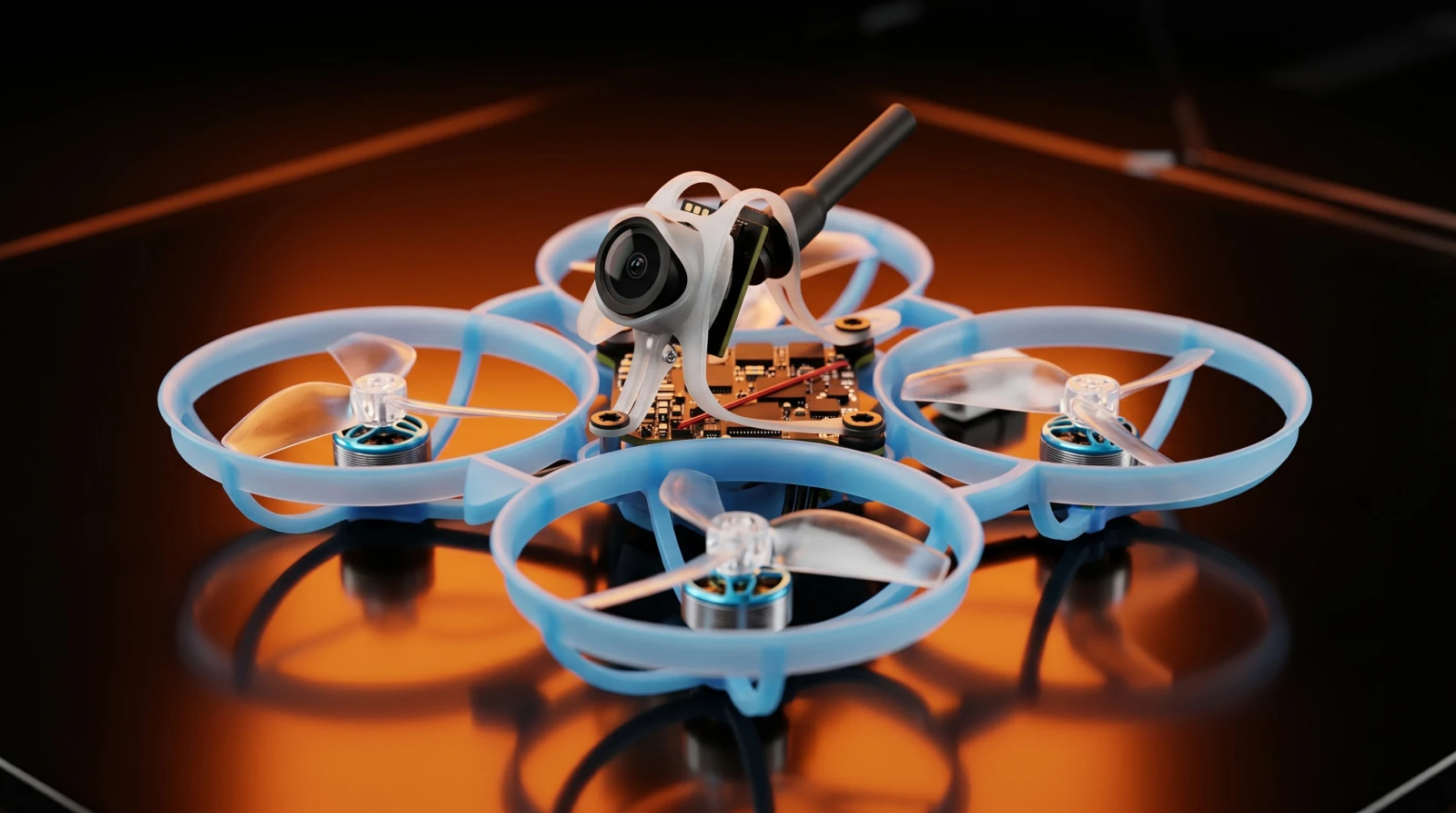 Dron BetaFPV Air75 II con marco azul sobre una superficie naranja brillante