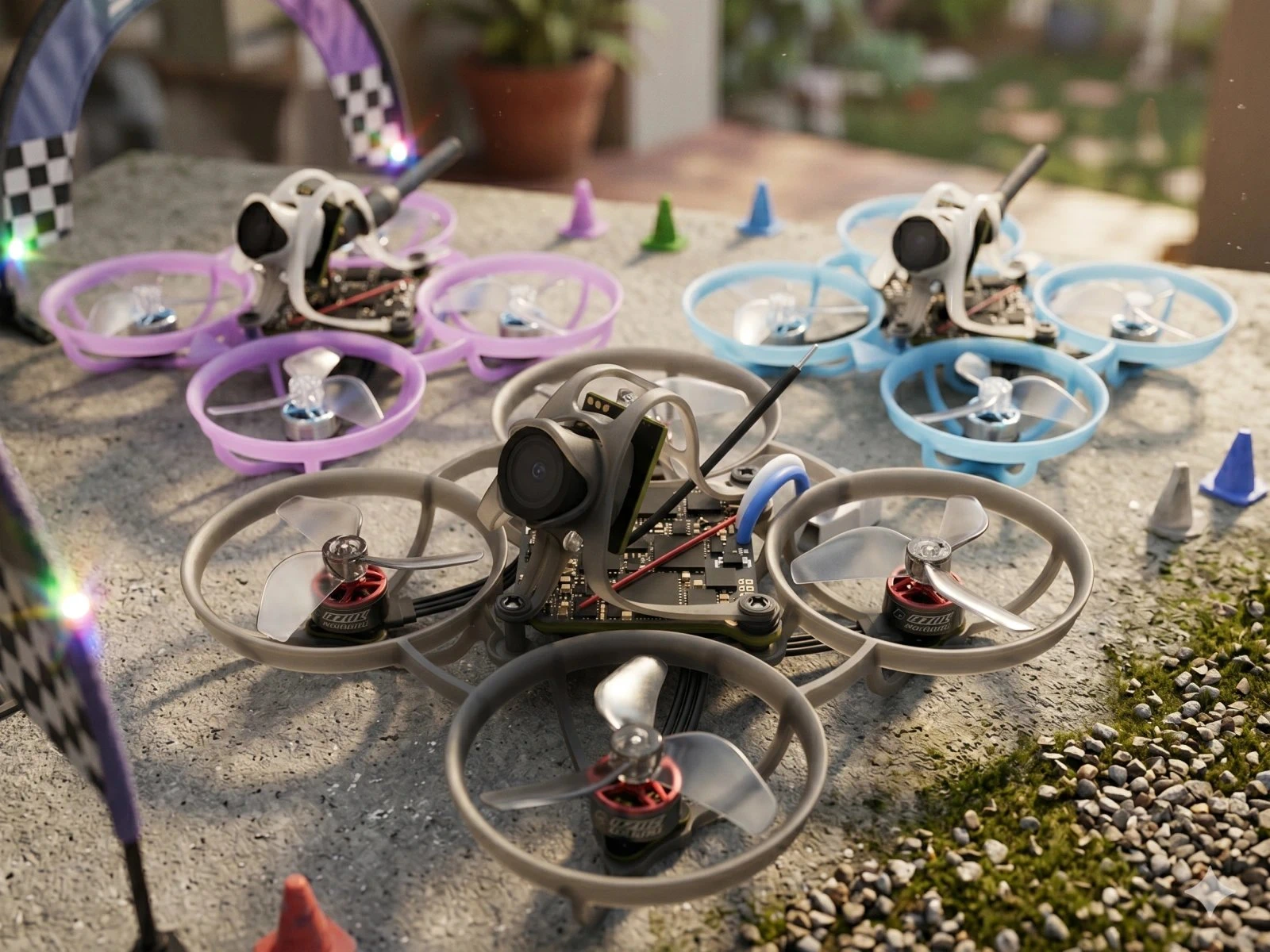 Tres drones tipo whoop en colores gris, morado y azul en una pista de obst&aacute;culos con banderas a cuadros