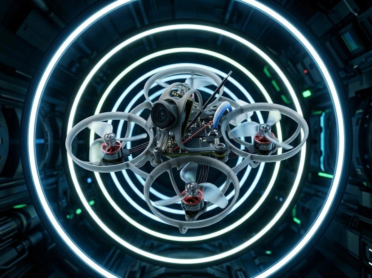 Dron tipo whoop en el centro de anillos circulares iluminados en un interior futurista