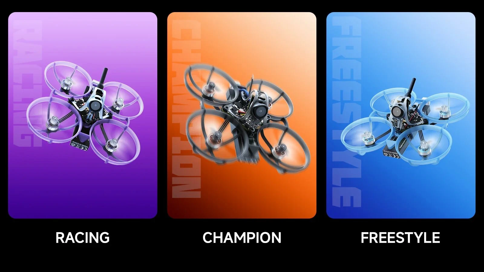 Tres drones BetaFPV Air75 II en colores morado, negro y azul sobre paneles de colores