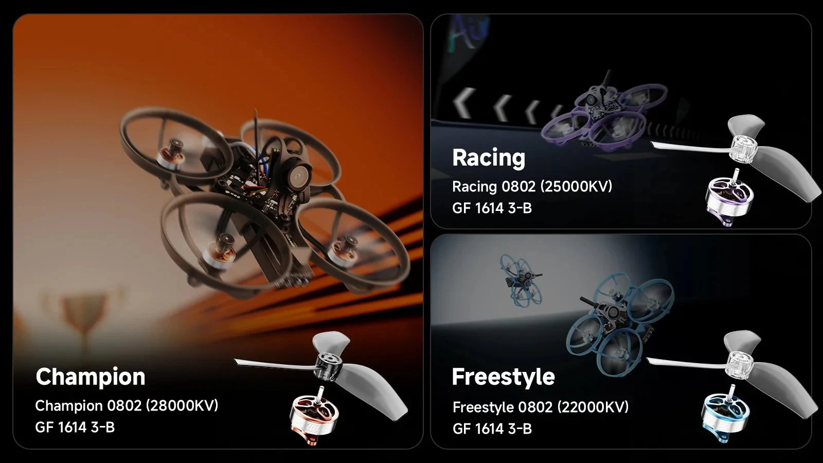 Comparativa de tres versiones del dron con motores y h&eacute;lices visibles en distintos colores
