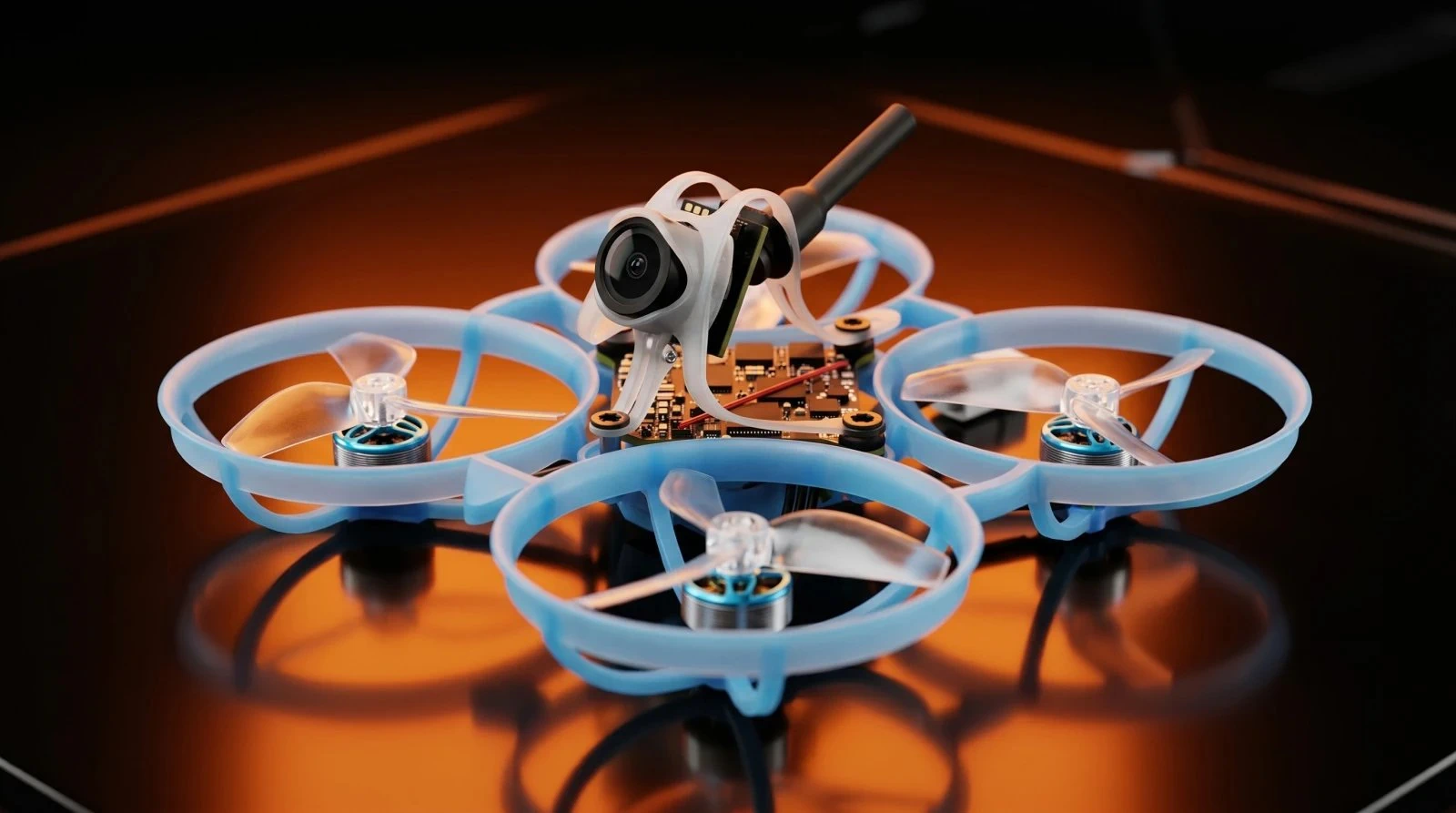 Dron BetaFPV Air75 II con chasis azul sobre una superficie brillante de color naranja