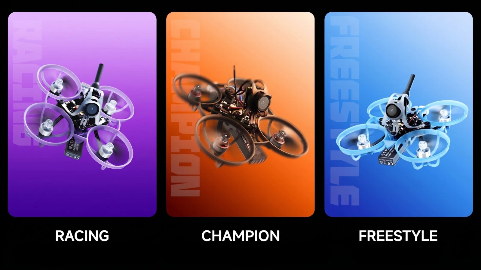 Comparación de tres drones en las versiones Racing, Champion y Freestyle sobre fondos morado, naranja y azul