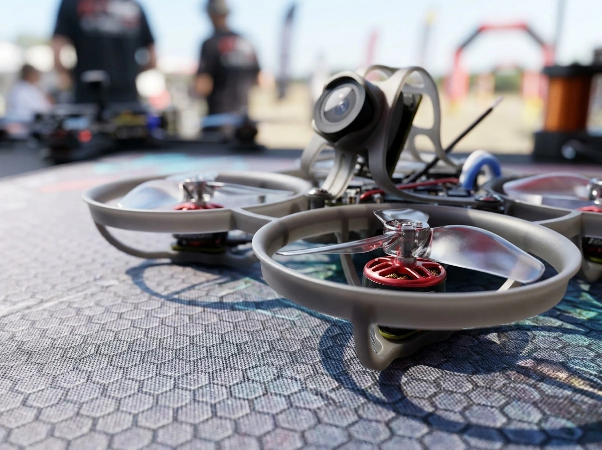 Primer plano de un dron Air65 gris con motores rojos, apoyado sobre una alfombrilla de mantenimiento con patrón de panal