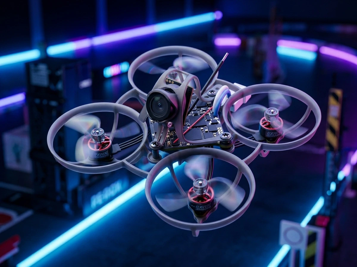 Dron FPV gris en vuelo sobre una pista de obstáculos con líneas luminosas azules y moradas