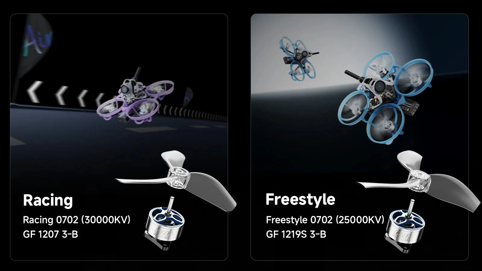 Comparativa de dos drones con presentación de motores y hélices tripala sobre fondo negro