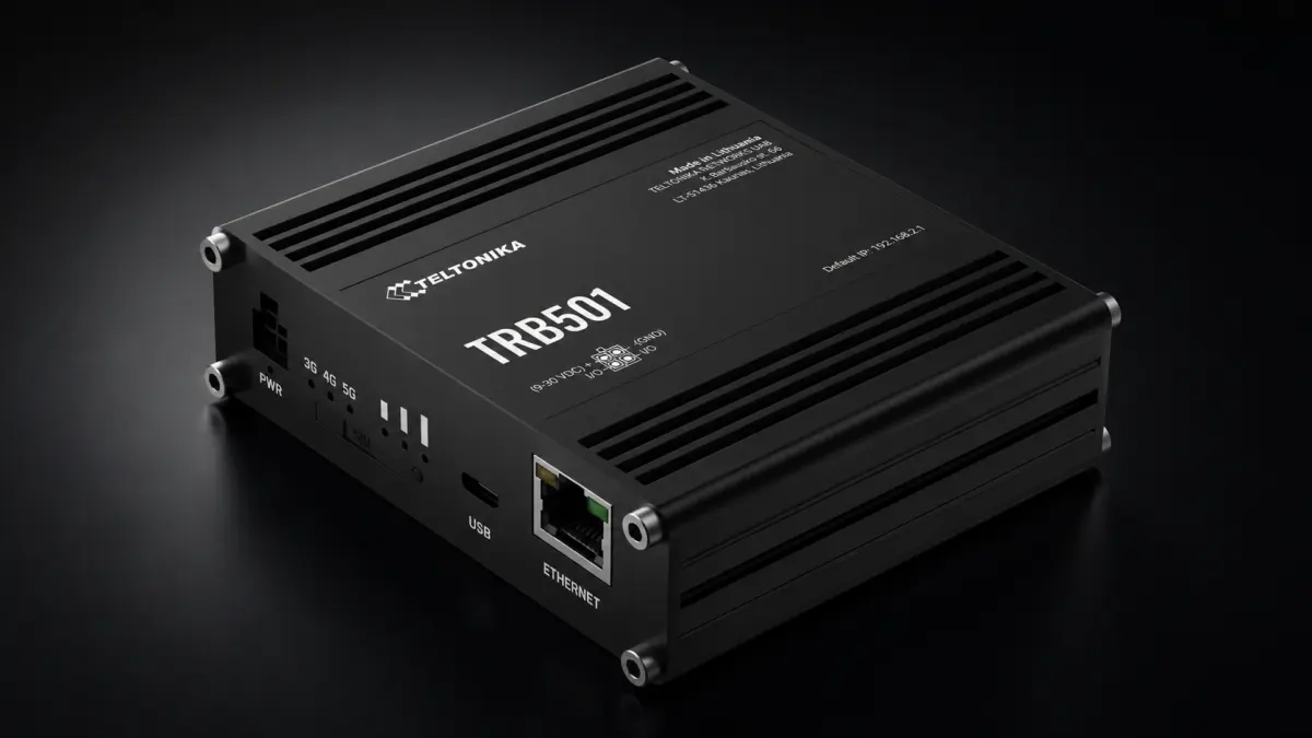 Gateway 5G Teltonika TRB501 mostrado en &aacute;ngulo con puertos de antena