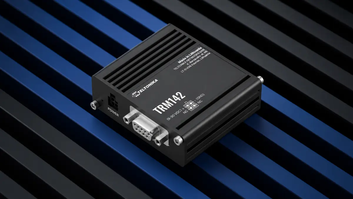 Modem industrial LTE Teltonika TRM142 com caixa metálica e conector RS232