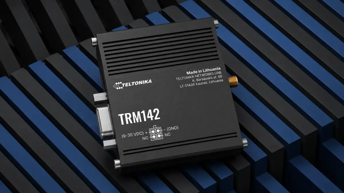 Modem LTE Teltonika TRM142 vista superior da caixa preta do dispositivo