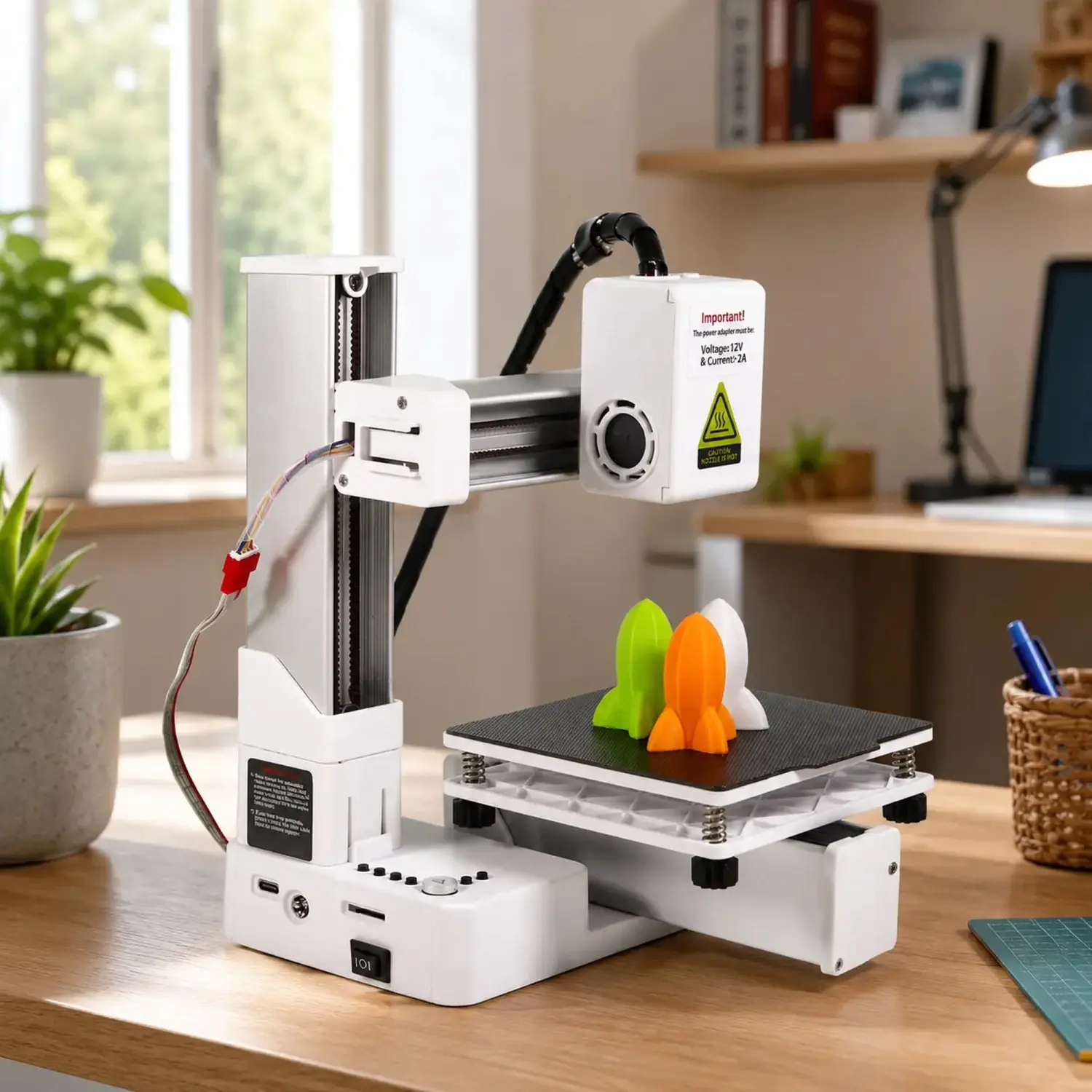 Biała kompaktowa drukarka 3D na biurku z trzema kolorowymi modelami rakiet na platformie.