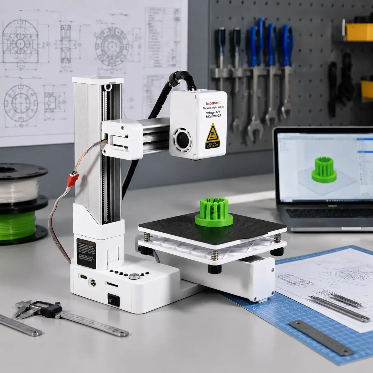 Kompaktowa drukarka 3D drukuje zielony element w warsztacie z laptopem i narzędziami.